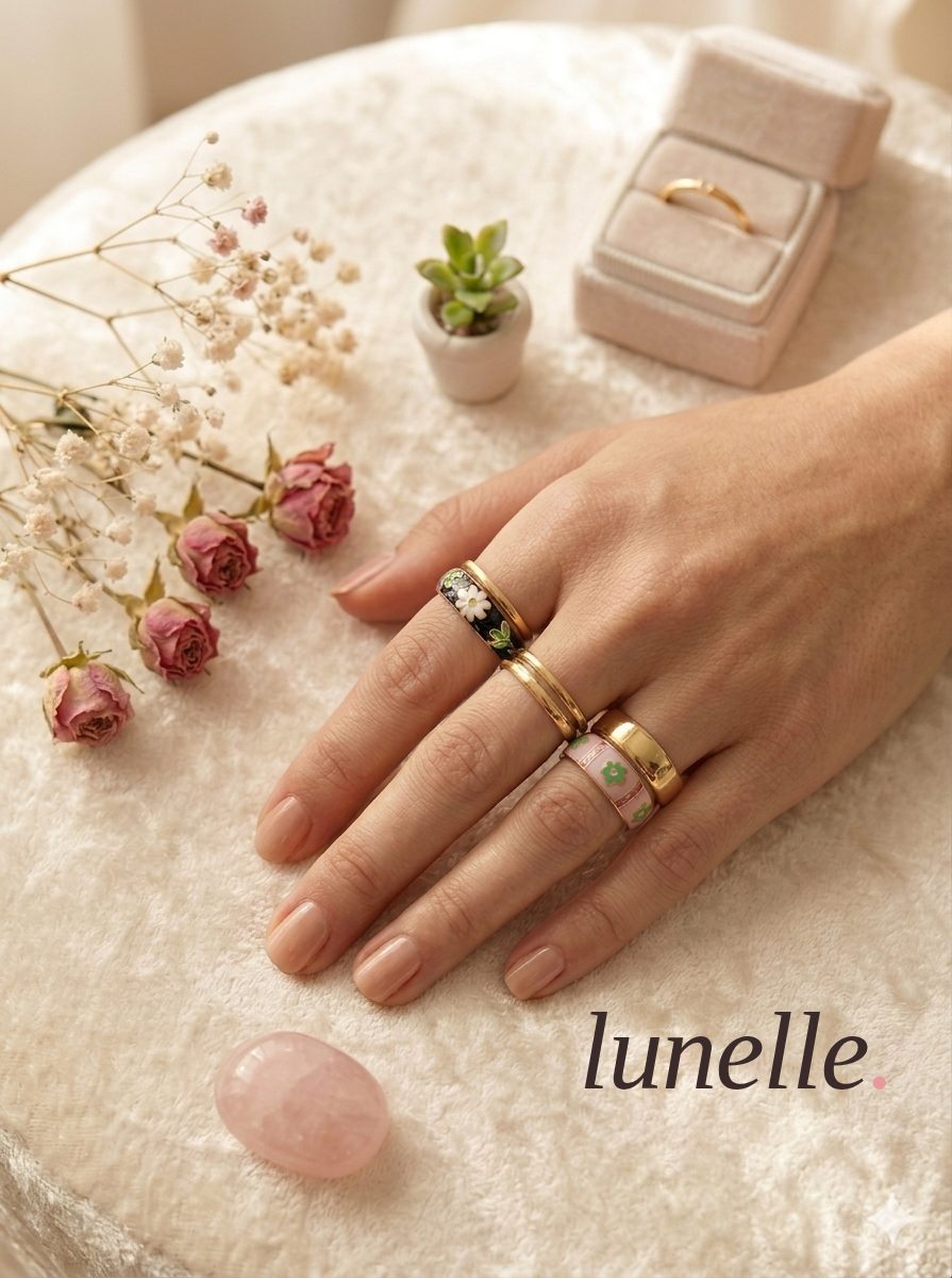 A hand wearing a stack of lunelle rings